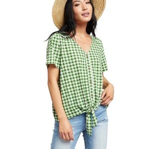 Green Gingham Tie-Front Button Up Short‎ Sleeve Top XL